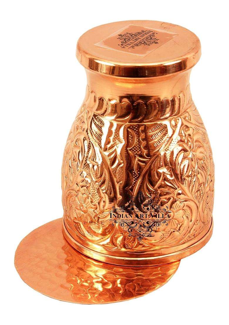 INDIAN ART VILLA 4.4 X 3.4 Pure Copper Engraved Flower Design Glass with Coaster | 350 ml | 11.8 fl oz | 4.4 Inch - Indya