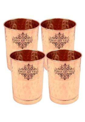 INDIAN ART VILLA Pure Copper Flate Hammered Glass Tumbler Each | 300 ml | 10.1 fl oz | 4-Piece Set