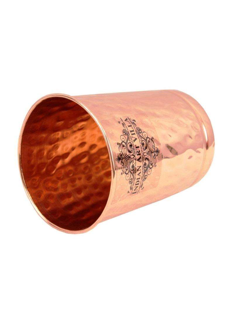 INDIAN ART VILLA Pure Copper Flate Hammered Glass Tumbler Each | 300 ml | 10.1 fl oz | 4-Piece Set - Indya