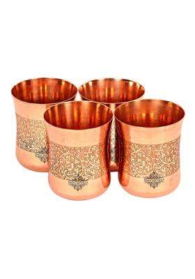 INDIAN ART VILLA Embossed Design Copper Glass Tumbler | 300 ml | 10.1 fl oz | 4-Piece Set