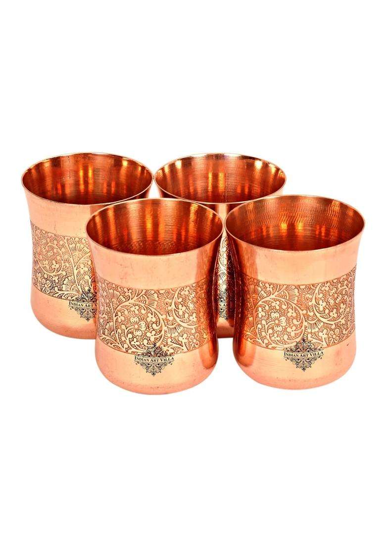 INDIAN ART VILLA Embossed Design Copper Glass Tumbler | 300 ml | 10.1 fl oz | 4-Piece Set - Indya