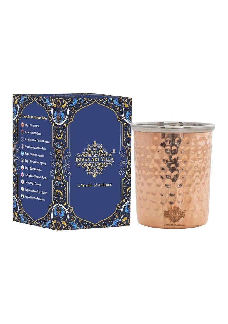 INDIAN ART VILLA Steel Copper Flat Hammered Glass | 300 ml | 10.1 fl oz - Indya