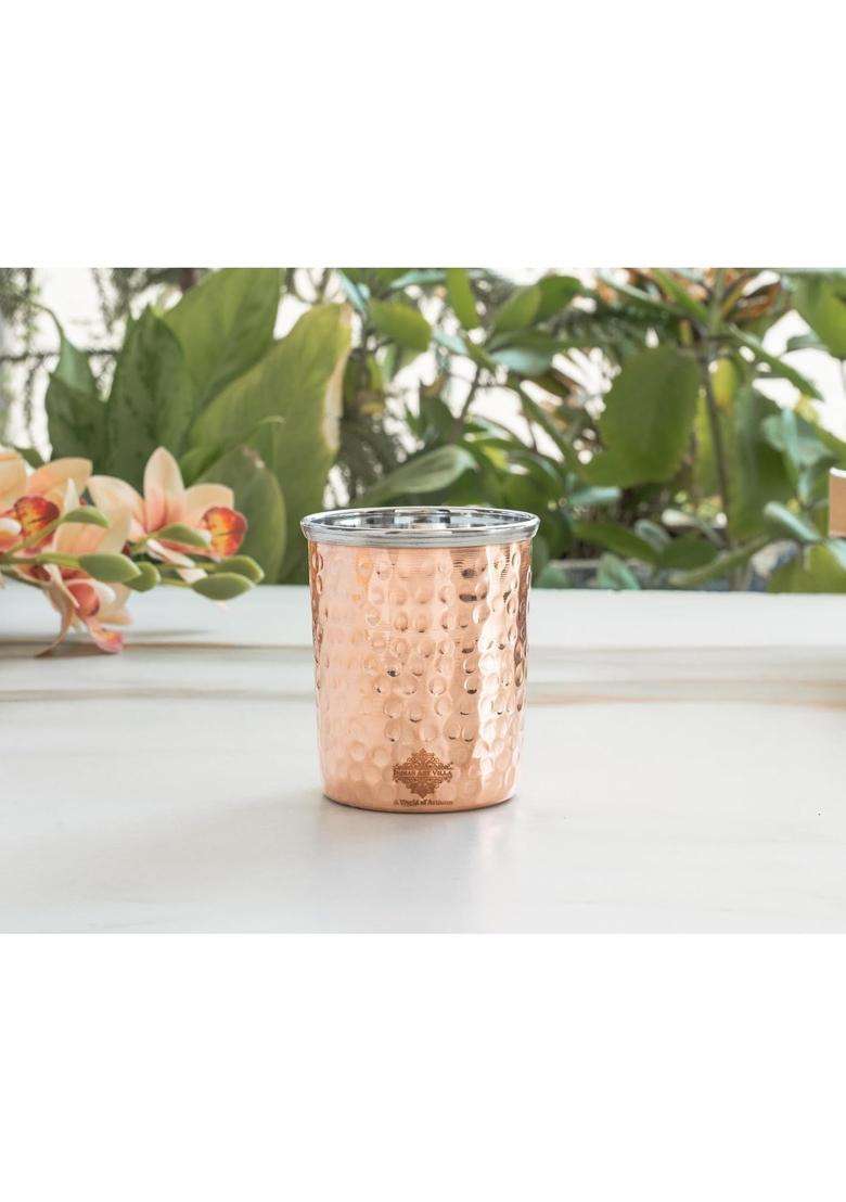 INDIAN ART VILLA Steel Copper Flat Hammered Glass | 300 ml | 10.1 fl oz - Indya