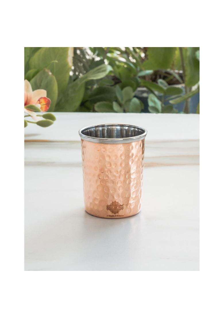 INDIAN ART VILLA Steel Copper Flat Hammered Glass | 300 ml | 10.1 fl oz - Indya