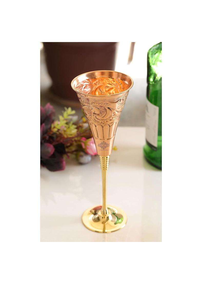 INDIAN ART VILLA Copper Flower Design Champagne Flute Glass | 200 ml | 6.8 fl oz | Handcrafted - Indya