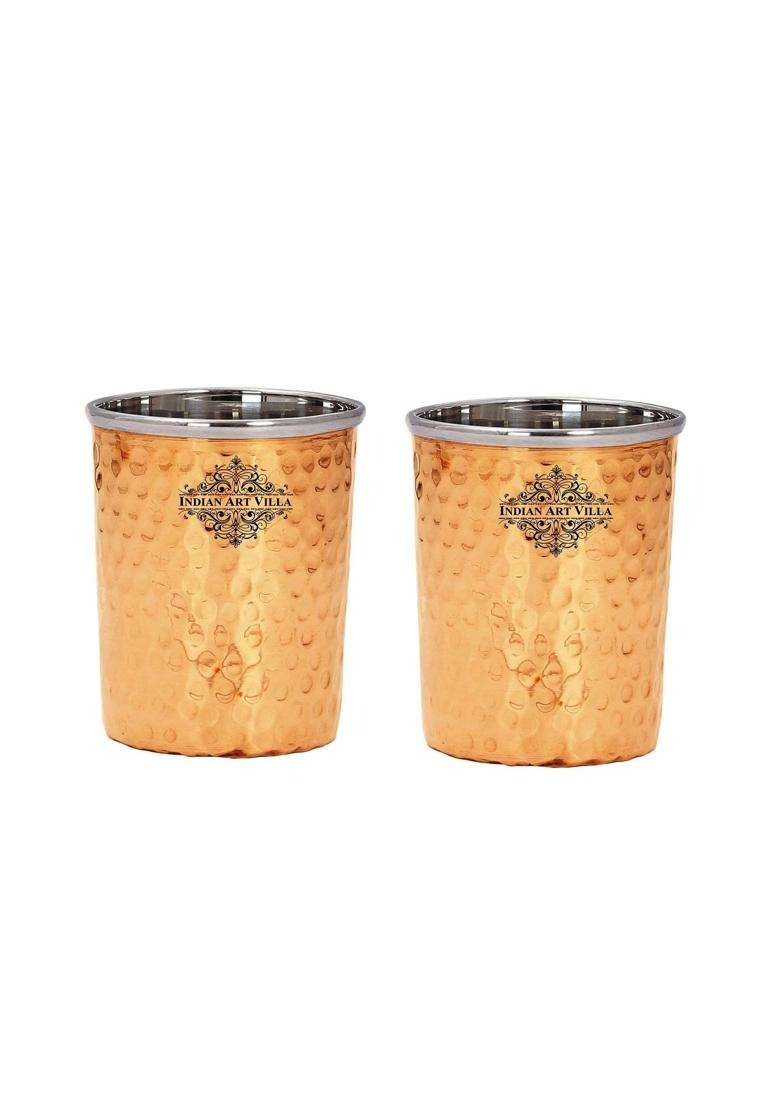 INDIAN ART VILLA Steel Copper Glass Tumbler | 300 ml | 10.1 fl oz | 2-Piece Set - Indya