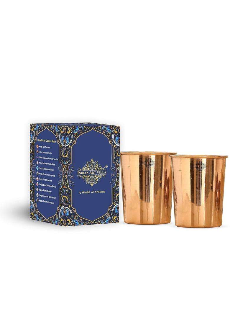 INDIAN ART VILLA Copper Glass Tumbler Cup | 300 ml | 10.1 fl oz | 2-Piece Set - Indya