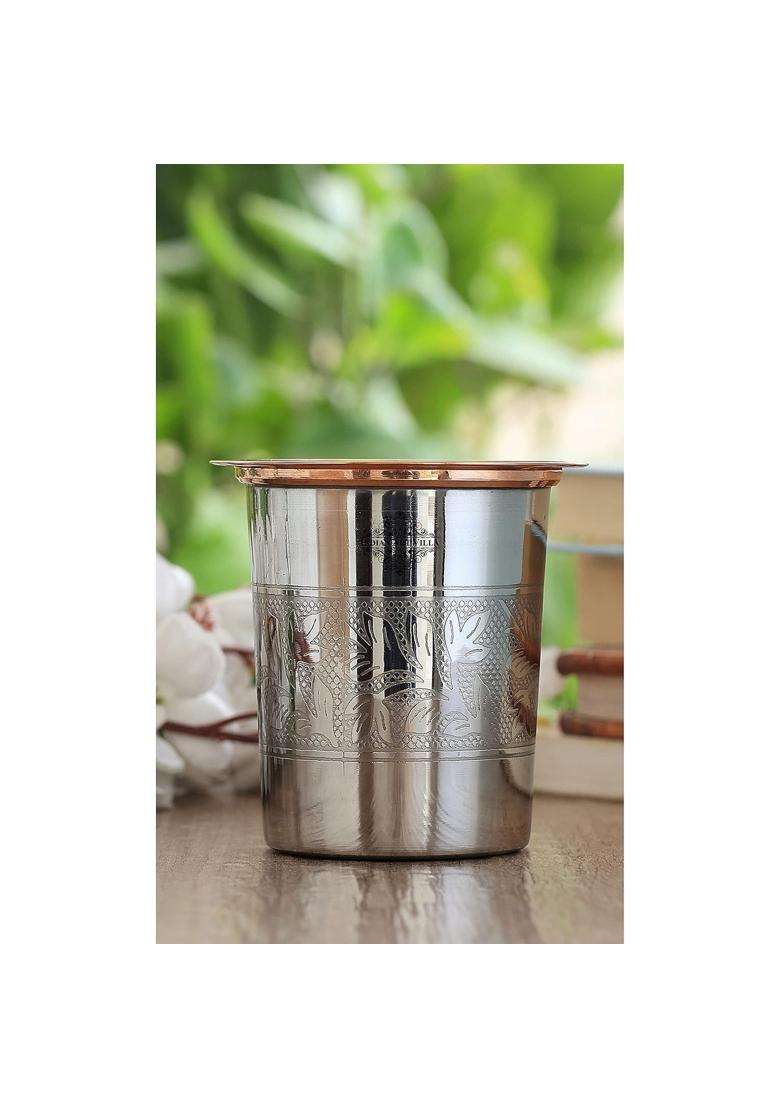 INDIAN ART VILLA Embossed Design Steel Copper Glass Tumbler Cup | 250 ml | 8.5 fl oz - Indya