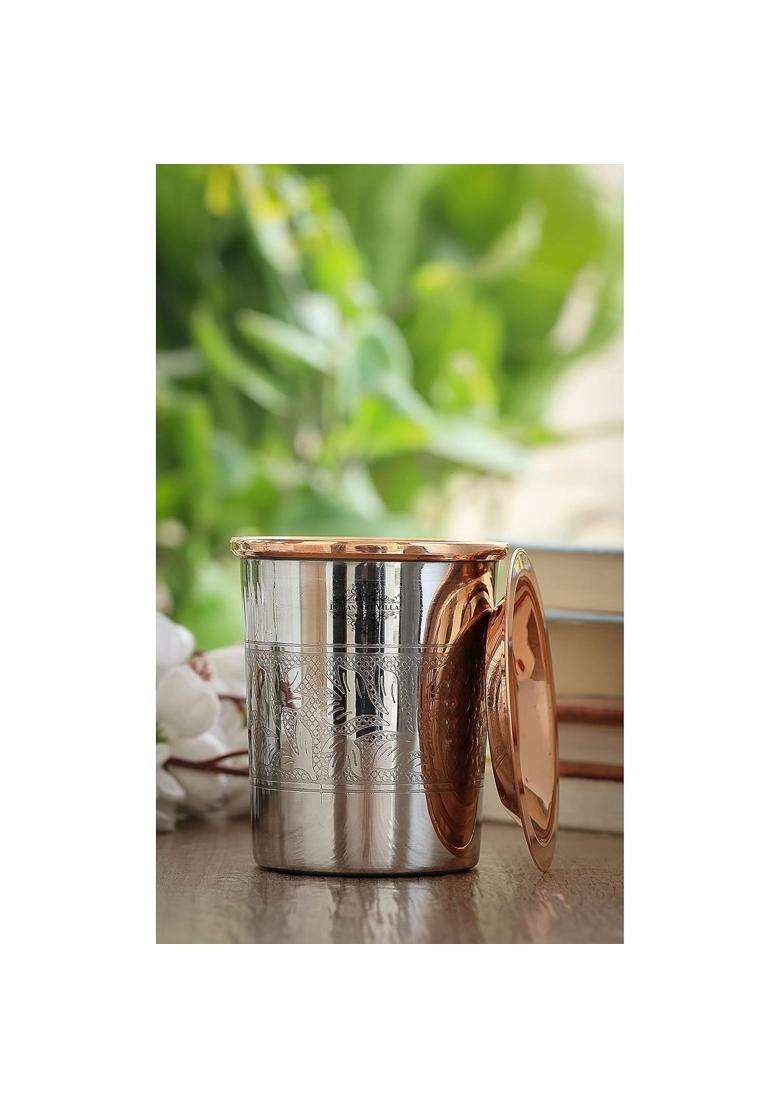 INDIAN ART VILLA Embossed Design Steel Copper Glass Tumbler Cup | 250 ml | 8.5 fl oz - Indya