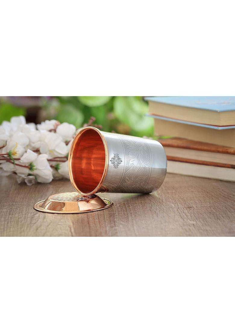 INDIAN ART VILLA Embossed Design Steel Copper Glass Tumbler Cup | 250 ml | 8.5 fl oz - Indya
