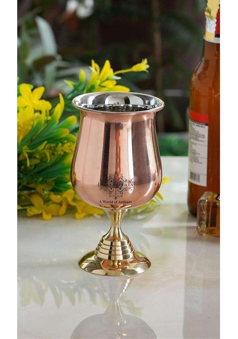 INDIAN ART VILLA Steel Copper Goblet Glass with Brass Bottom | 300 ml | 10.1 fl oz | Handcrafted - Indya