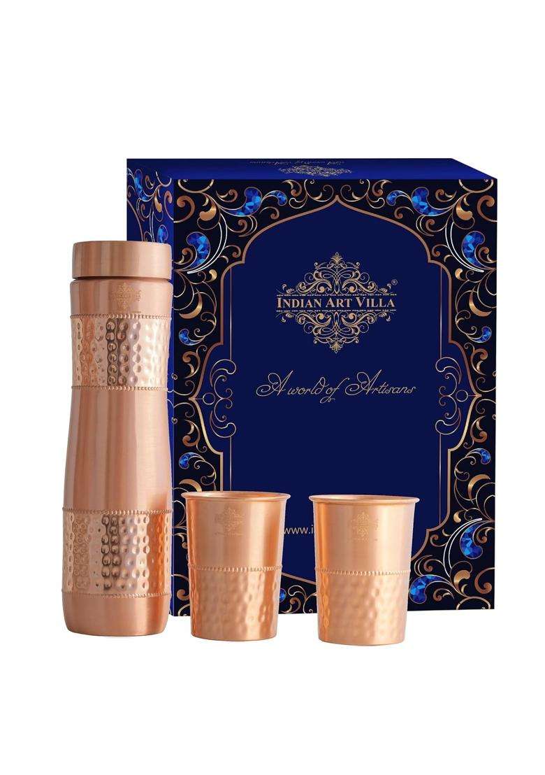 INDIAN ART VILLA Pure Copper Drinkware Gift Bottle and 2 Glass with Royal Blue Box | 1 L | 1.1 Qt | Hammered Finish - Indya