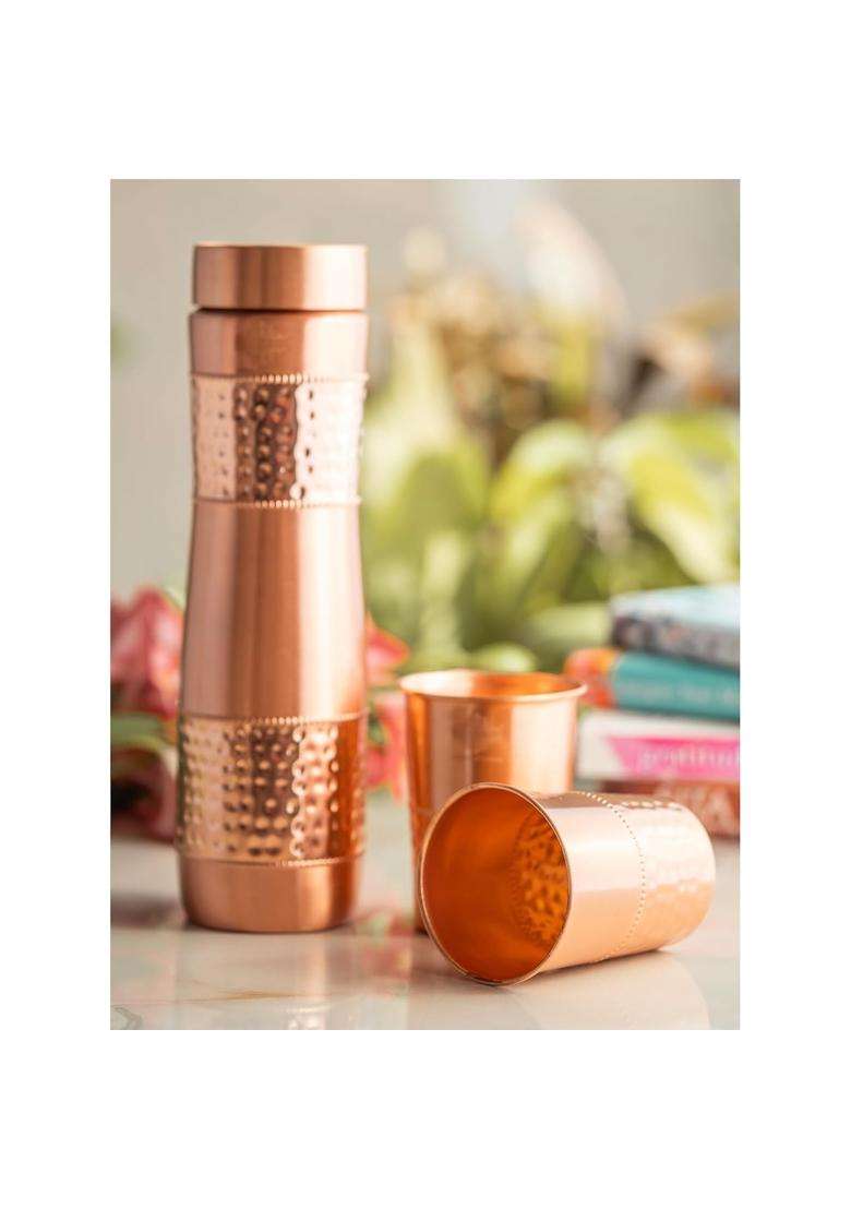 INDIAN ART VILLA Pure Copper Drinkware Gift Bottle and 2 Glass with Royal Blue Box | 1 L | 1.1 Qt | Hammered Finish - Indya