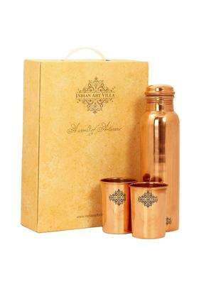 INDIAN ART VILLA Pure Copper Drinkware Gift Set of Plain Shine Finish Design 1 Bottle and 2 Glass | 600 ml | 20.3 fl oz