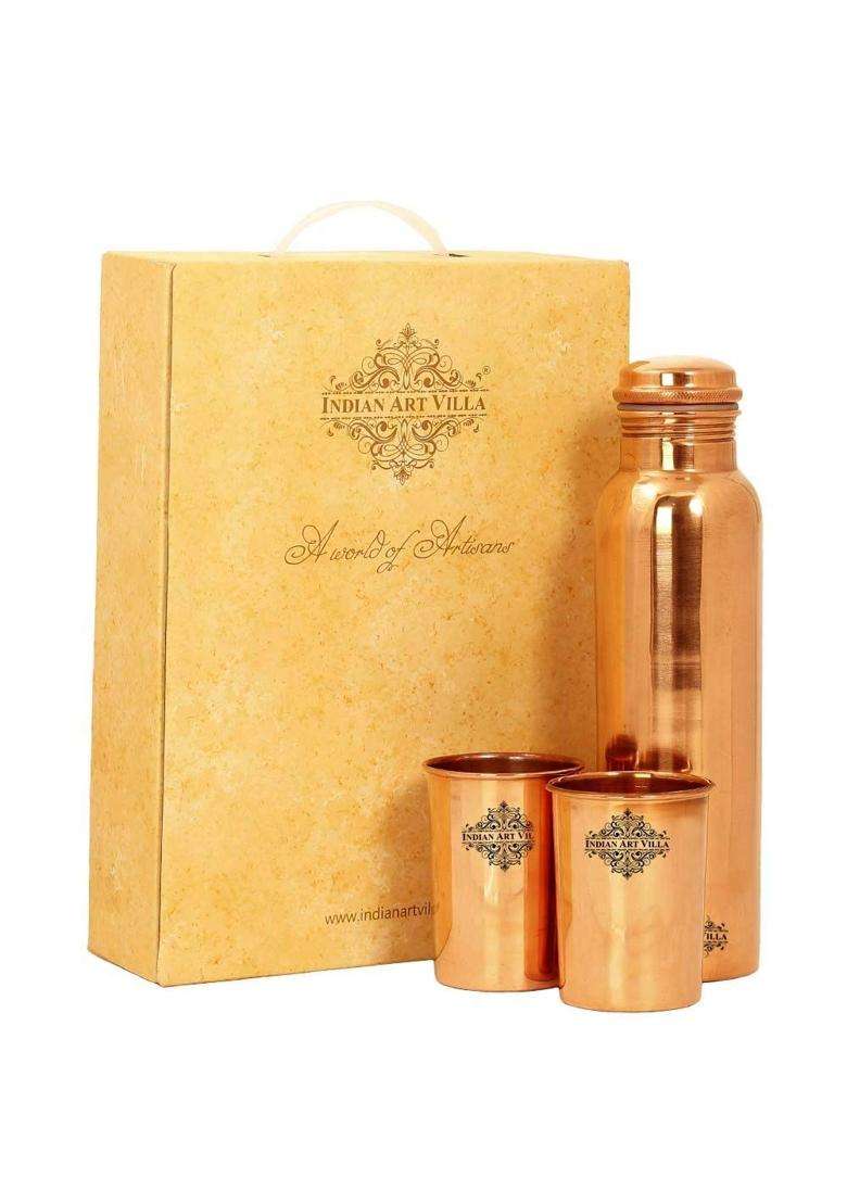 INDIAN ART VILLA Pure Copper Drinkware Gift Set of Plain Shine Finish Design 1 Bottle and 2 Glass | 600 ml | 20.3 fl oz - Indya