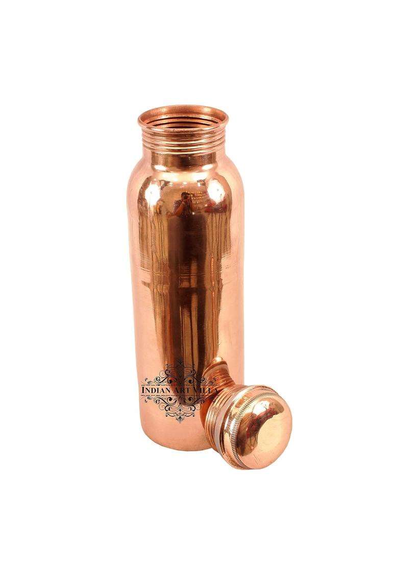 INDIAN ART VILLA Pure Copper Drinkware Gift Set of Plain Shine Finish Design 1 Bottle and 2 Glass | 600 ml | 20.3 fl oz - Indya