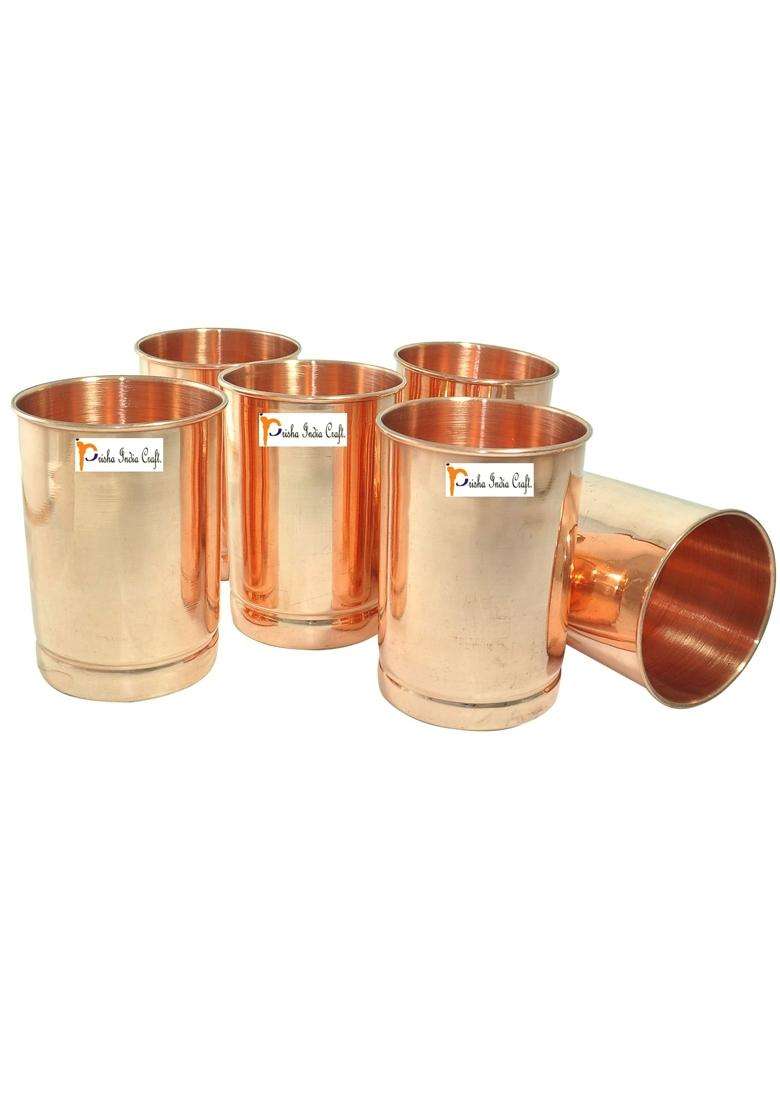 Prisha India Craft Copper Glass Tumbler Cup | 300 ml | 10.1 fl oz | 6-Piece Set - Indya
