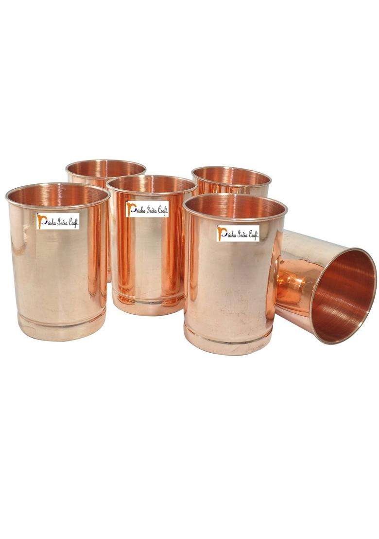 Prisha India Craft Copper Glass Tumbler Cup | 300 ml | 10.1 fl oz | 6-Piece Set - Indya