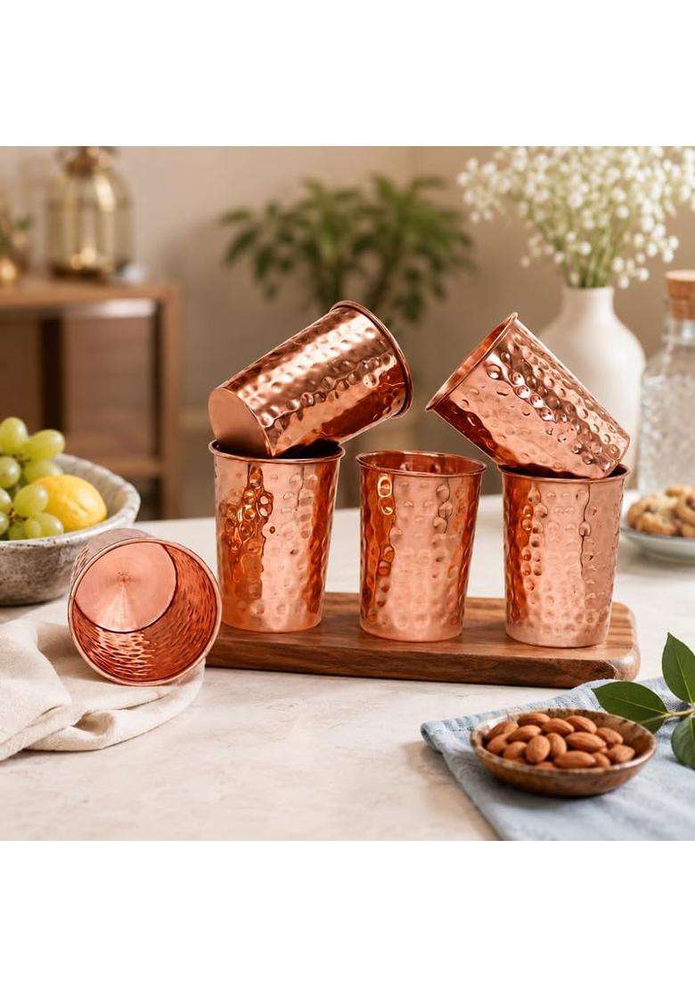 AANYA HOME CRAFT Aanaya Homecraft Hammered Copper Drinking Glasses | 400 ml | 13.5 fl oz | 6-Piece Set - Indya