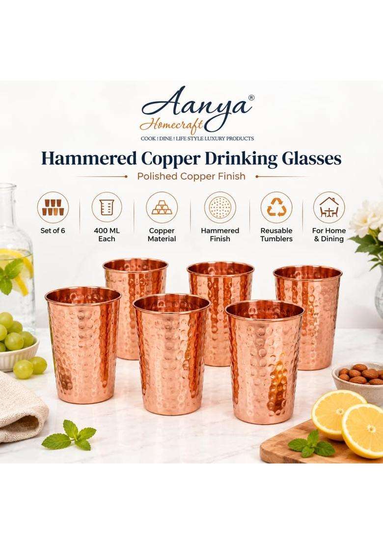 AANYA HOME CRAFT Aanaya Homecraft Hammered Copper Drinking Glasses | 400 ml | 13.5 fl oz | 6-Piece Set - Indya