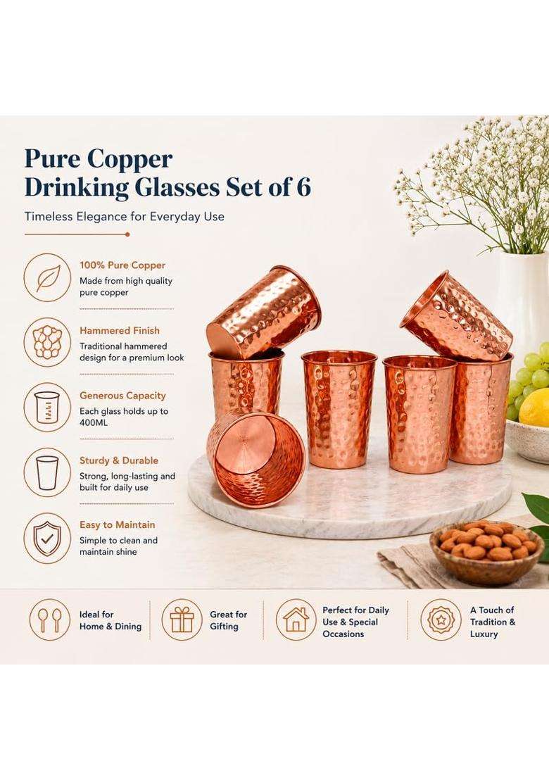 AANYA HOME CRAFT Aanaya Homecraft Hammered Copper Drinking Glasses | 400 ml | 13.5 fl oz | 6-Piece Set - Indya