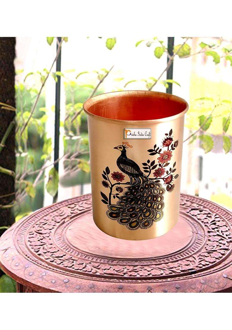 Prisha India Craft Printed Copper Glass Tumbler | 300 ml | 10.1 fl oz - Indya