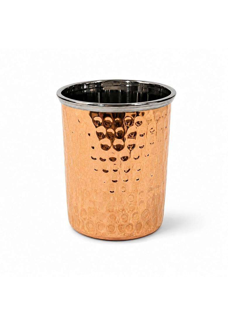 SHIV SHAKTI ARTS Copper Glass with Stainless Steel Interior | 300 ml | 10.1 fl oz | 4 Inch | Hammered Finish - Indya