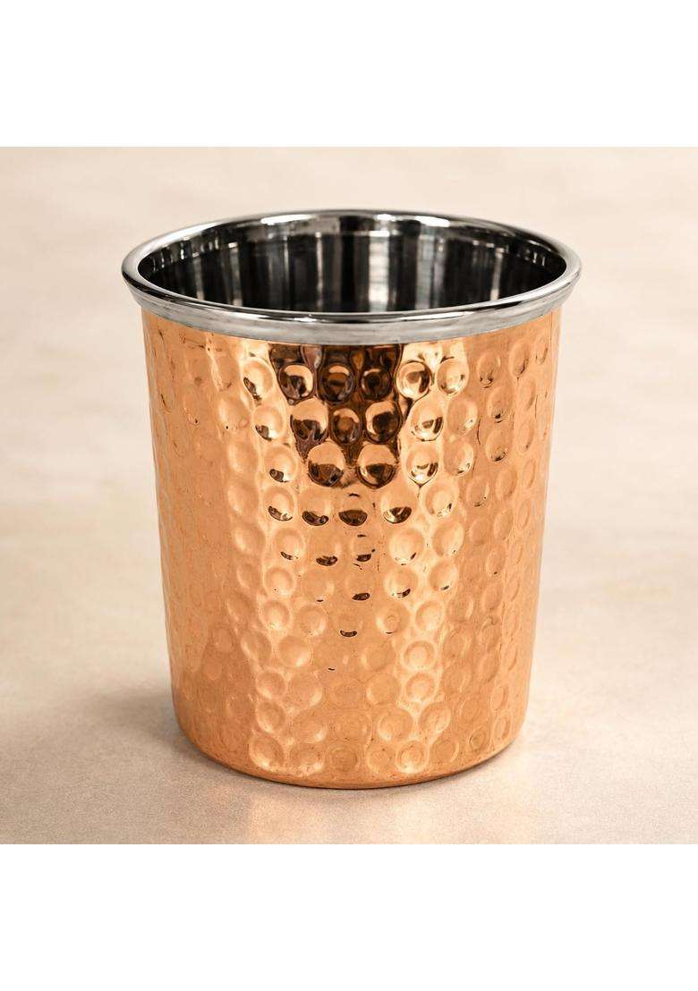 SHIV SHAKTI ARTS Copper Glass with Stainless Steel Interior | 300 ml | 10.1 fl oz | 4 Inch | Hammered Finish - Indya
