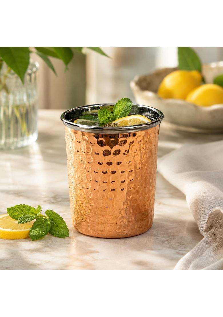SHIV SHAKTI ARTS Copper Glass with Stainless Steel Interior | 300 ml | 10.1 fl oz | 4 Inch | Hammered Finish - Indya