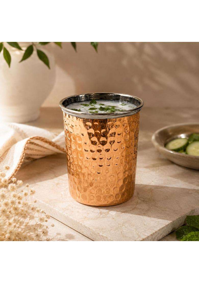 SHIV SHAKTI ARTS Copper Glass with Stainless Steel Interior | 300 ml | 10.1 fl oz | 4 Inch | Hammered Finish - Indya