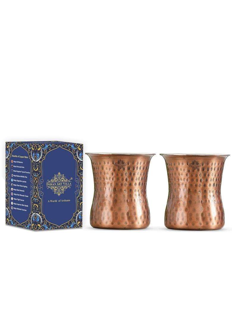 INDIAN ART VILLA Steel Copper Glass | 250 ml | 8.5 fl oz | Pack of 2 | Hammered Finish - Indya