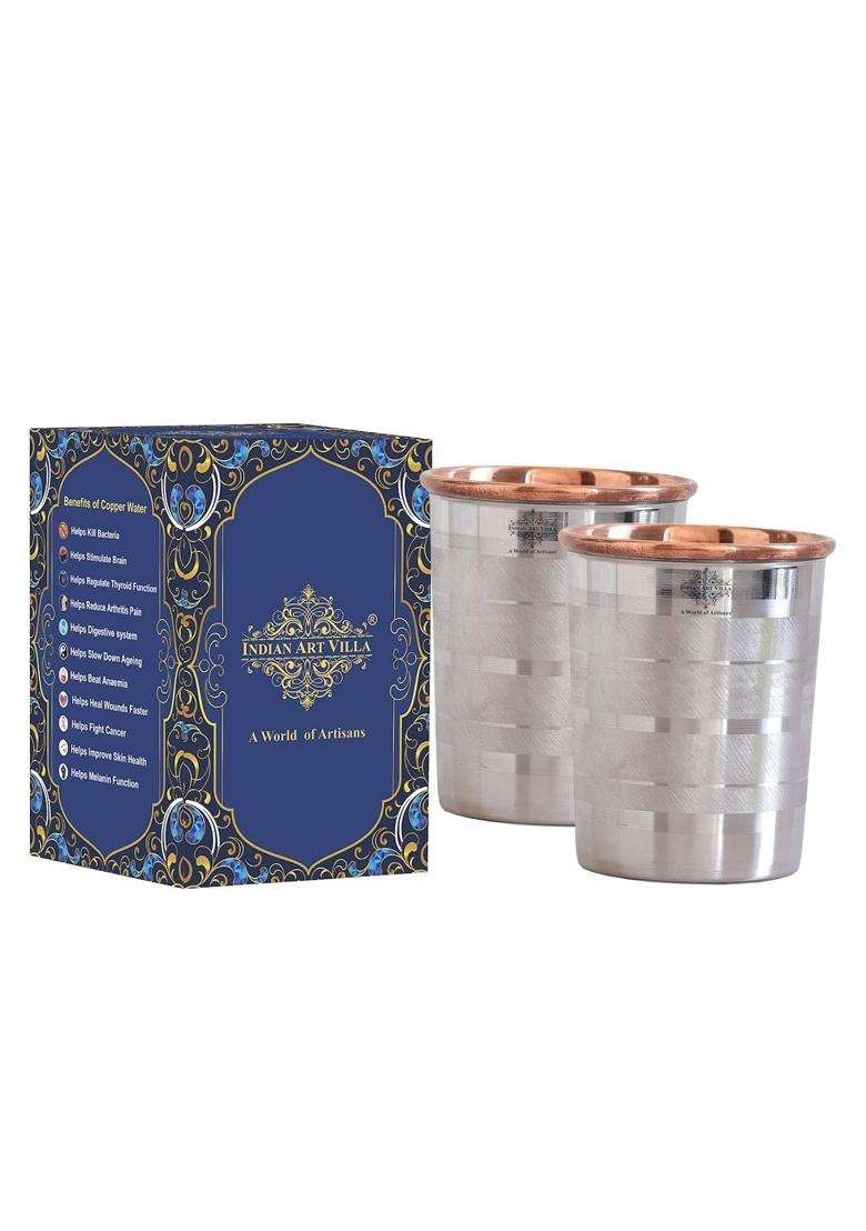 INDIAN ART VILLA Steel Copper Luxury Glass | 250 ml | 8.5 fl oz | 2-Piece Set - Indya