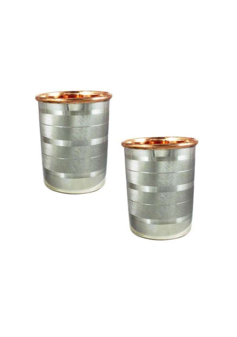 Copper-Master Pure Copper Steel Glass Tumbler Drinkware with Copper Inside and Steel Outside | 300 ml | 10.1 fl oz | 2-Piece Set - Indya