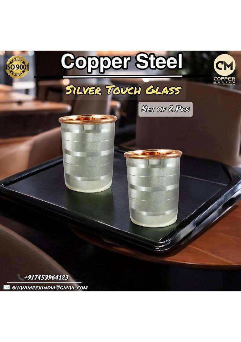 Copper-Master Pure Copper Steel Glass Tumbler Drinkware with Copper Inside and Steel Outside | 300 ml | 10.1 fl oz | 2-Piece Set - Indya