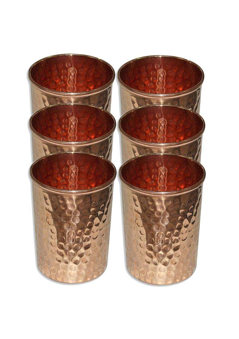 Prisha India Craft Hammered Copper Glass Tumbler | 250 ml | 8.5 fl oz | 6-Piece Set - Indya