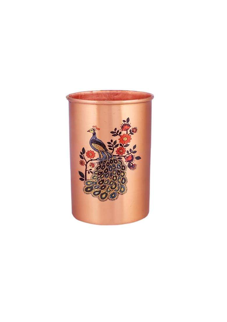 Adoko 100 Pure Copper Peacock Print Tumbler | 300 ml | 10.1 fl oz | Handcrafted - Indya