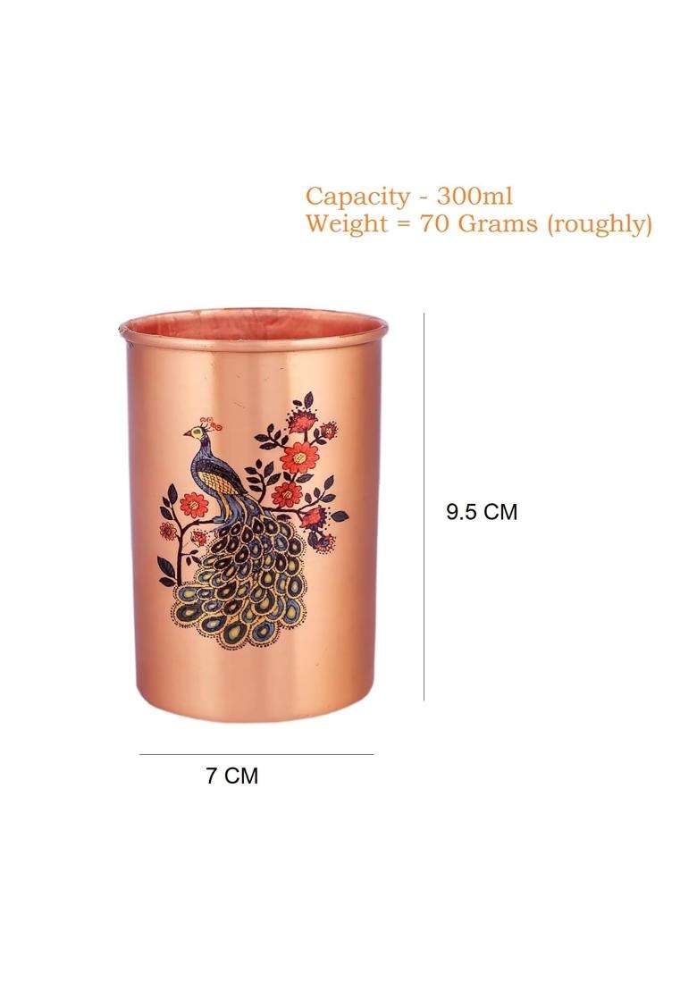 Adoko 100 Pure Copper Peacock Print Tumbler | 300 ml | 10.1 fl oz | Handcrafted - Indya