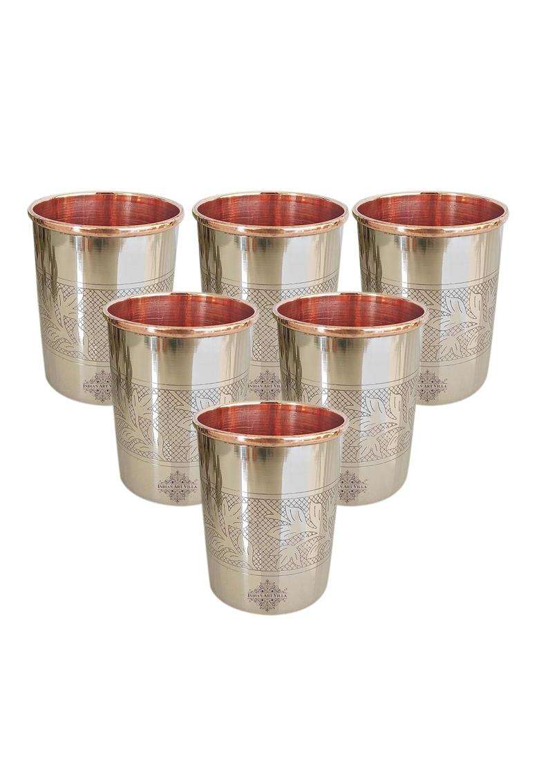 INDIAN ART VILLA Steel and Copper Glass Tumbler | 250 ml | 8.5 fl oz | 6-Piece Set - Indya