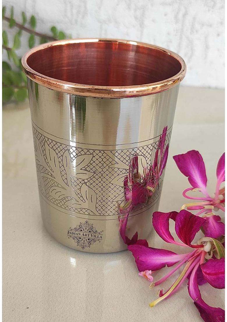 INDIAN ART VILLA Steel and Copper Glass Tumbler | 250 ml | 8.5 fl oz | 6-Piece Set - Indya