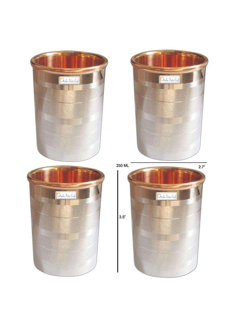 Prisha India Craft Lining Design Steel Copper Glass Tumbler | 250 ml | 8.5 fl oz | 4-Piece Set - Indya