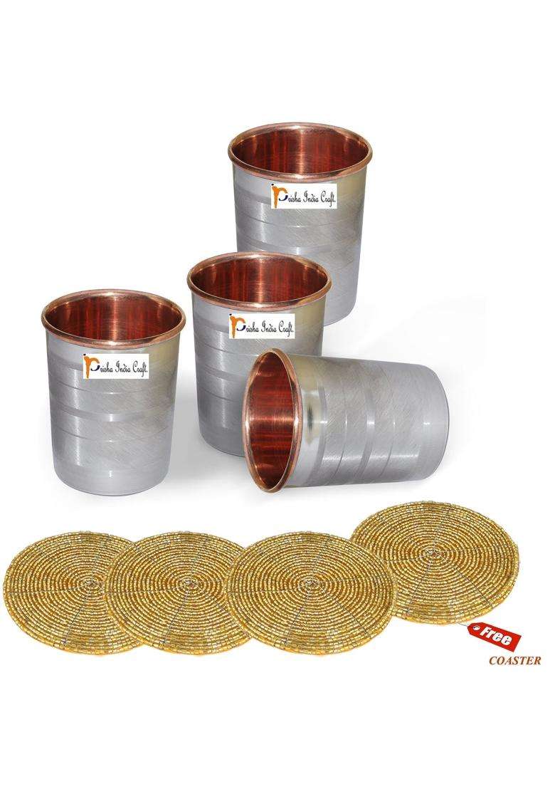 Prisha India Craft Lining Design Steel Copper Glass Tumbler | 250 ml | 8.5 fl oz | 4-Piece Set - Indya