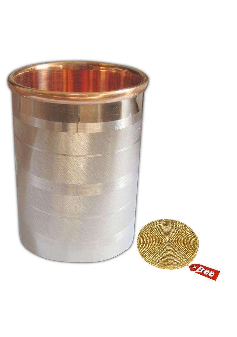 Prisha India Craft Lining Design Steel Copper Glass Tumbler | 250 ml | 8.5 fl oz | 4-Piece Set - Indya