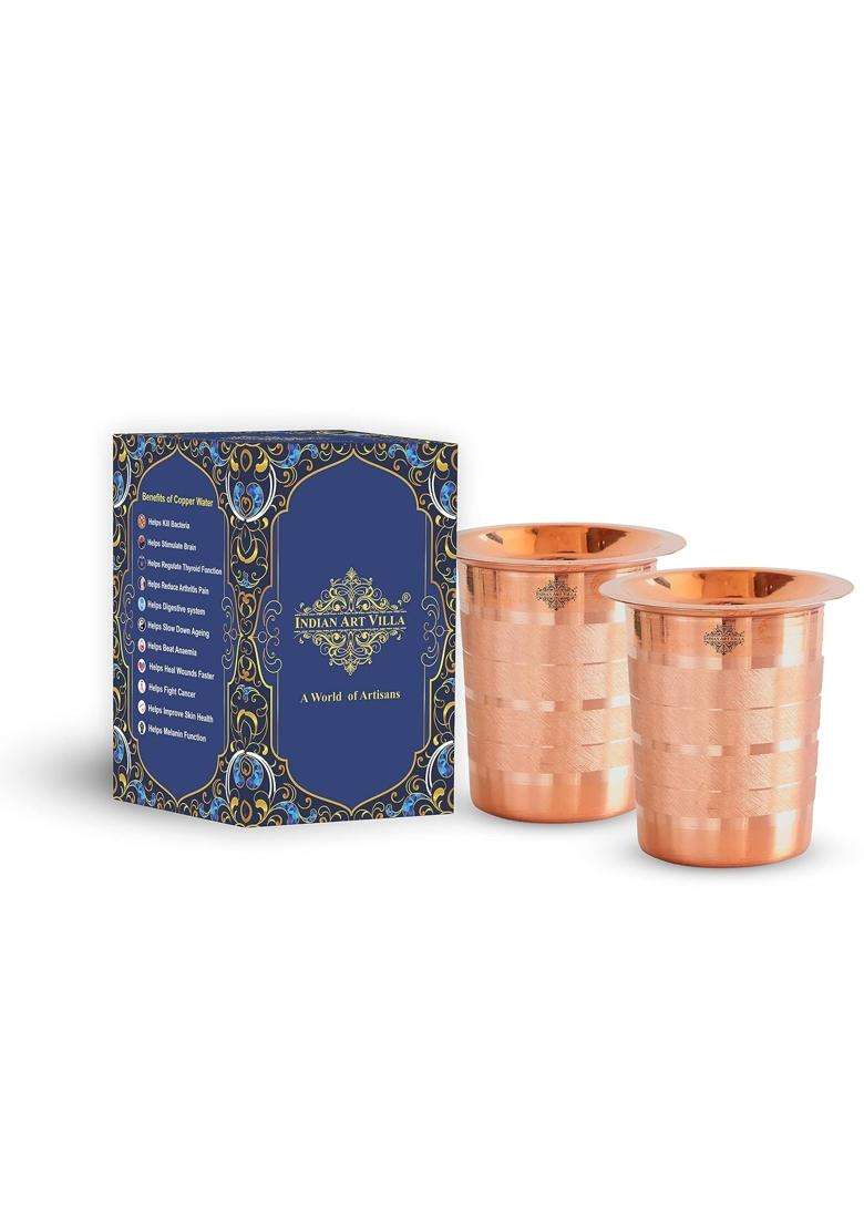 INDIAN ART VILLA Copper Glass Tumbler Cup with Lid Set | 300 ml | 10.1 fl oz | 2-Piece Set - Indya