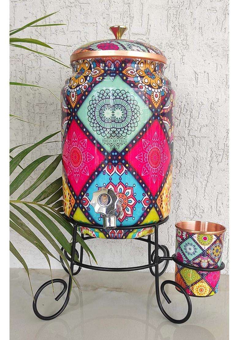 INDIAN ART VILLA Pure Copper Colorful Diamonds Printed Design Water Pot Heavy Gauge with Brass | 5 L | 5.3 Qt - Indya
