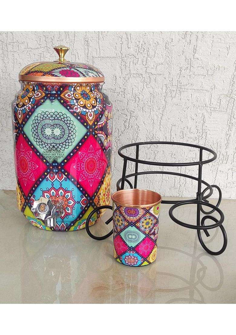 INDIAN ART VILLA Pure Copper Colorful Diamonds Printed Design Water Pot Heavy Gauge with Brass | 5 L | 5.3 Qt - Indya