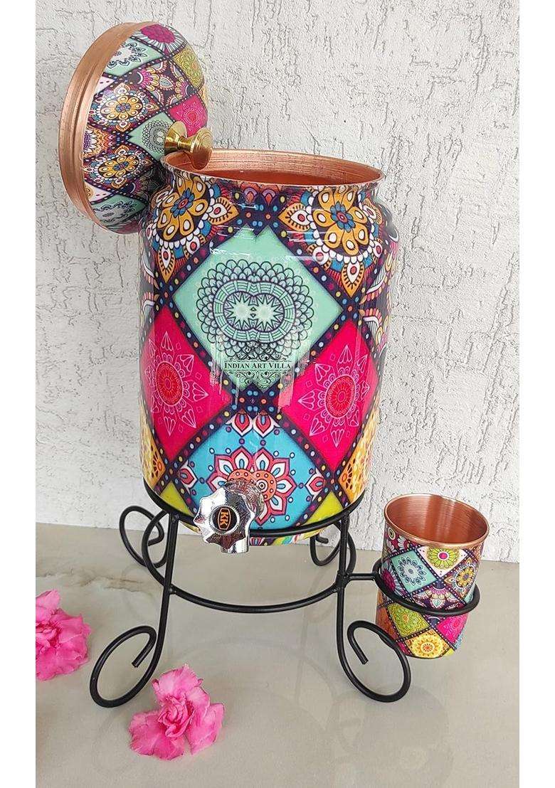 INDIAN ART VILLA Pure Copper Colorful Diamonds Printed Design Water Pot Heavy Gauge with Brass | 5 L | 5.3 Qt - Indya