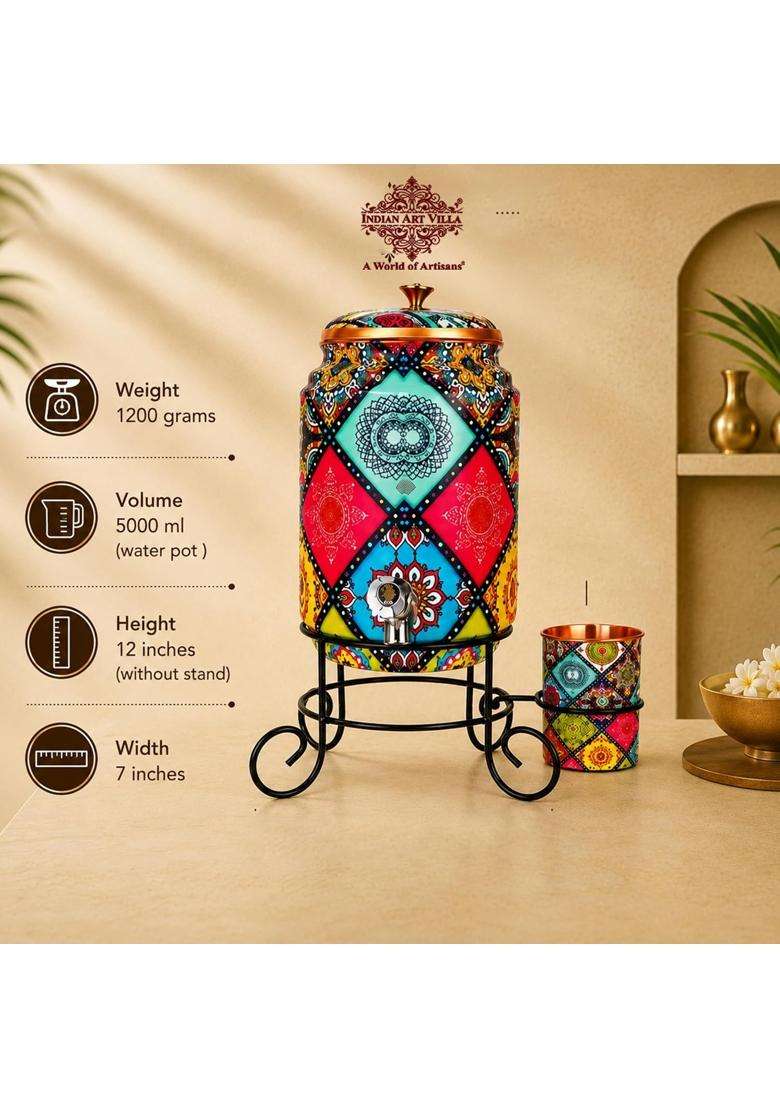 INDIAN ART VILLA Pure Copper Colorful Diamonds Printed Design Water Pot Heavy Gauge with Brass | 5 L | 5.3 Qt - Indya