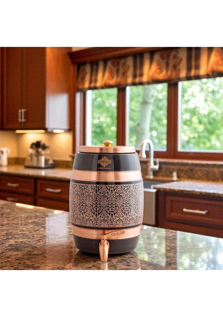 INDIAN ART VILLA Copper Antique Finish Barrel Shaped Water Dispenser with Floral Engraved Design | 5 L | 5.3 Qt | Handcrafted - Indya