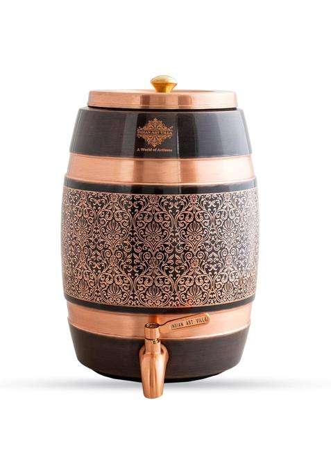 INDIAN ART VILLA Copper Antique Finish Barrel Shaped Water Dispenser with Floral Engraved Design | 5 L | 5.3 Qt | Handcrafted