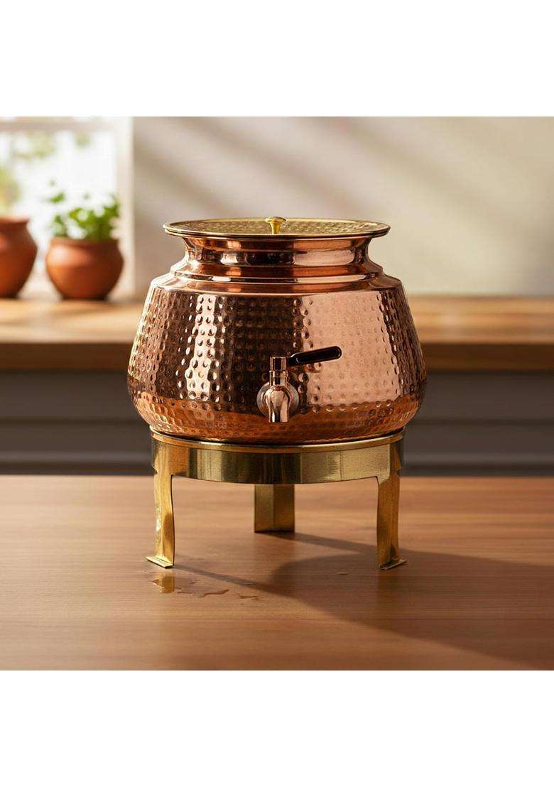 Artarium Hammered Pure Classic Copper Water Dispenser with Stand and Tap | 5 L | 5.3 Qt - Indya
